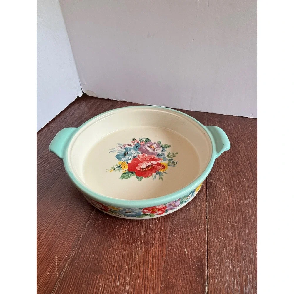 Pioneer Woman Breezy Blossom Round Baker Teal Stoneware 9